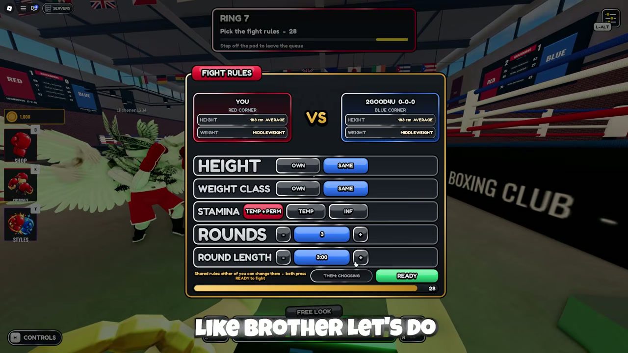 The FIGHT RULES panel listing round length, rounds per fight and the win conditions