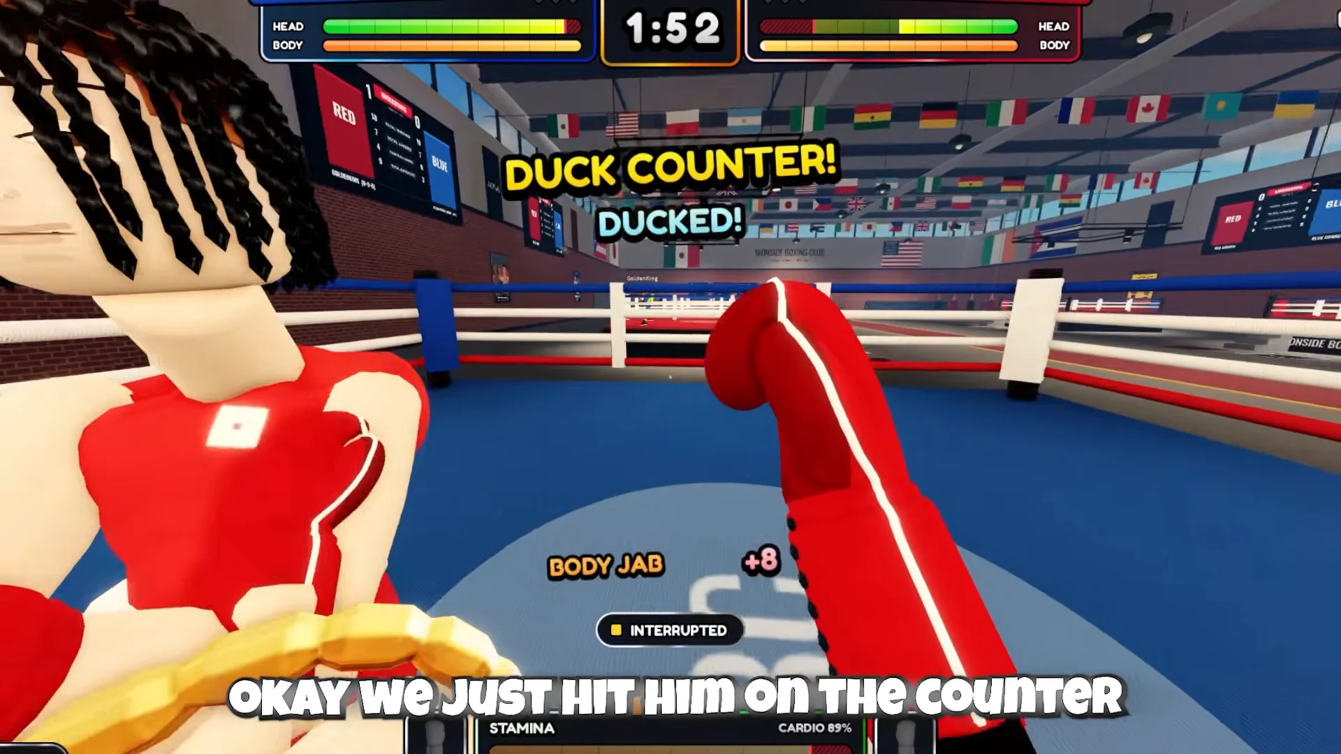 An exchange mid fight, with both fighters in first person and the guard raised